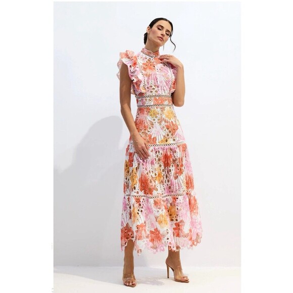 Dalia MacPhee lance Orange pink Hollow short sleeve  luxury Maxi midi Dress  L - Picture 2 of 15